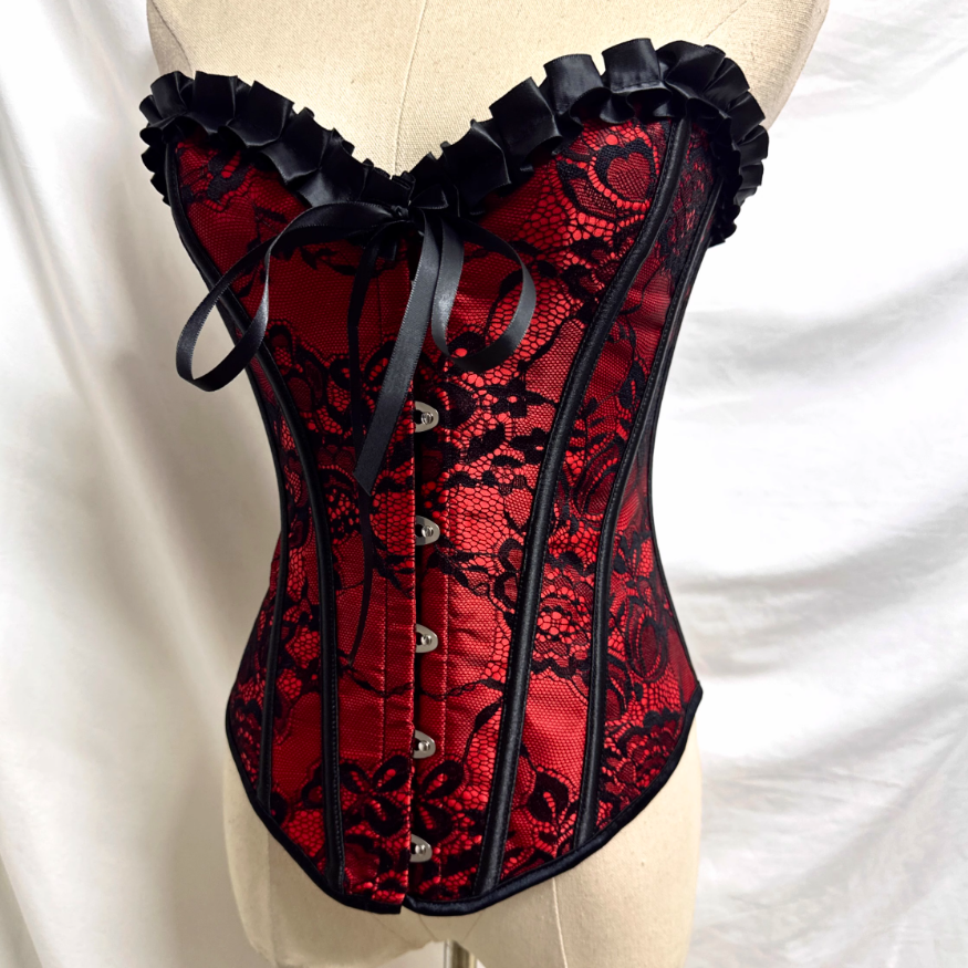 Stylish Contrast Black Lace Overbust Corset for Women Featuring a Feminine Ruffle Edge Burlesque Dancing Outfit Corselet XS-3XL