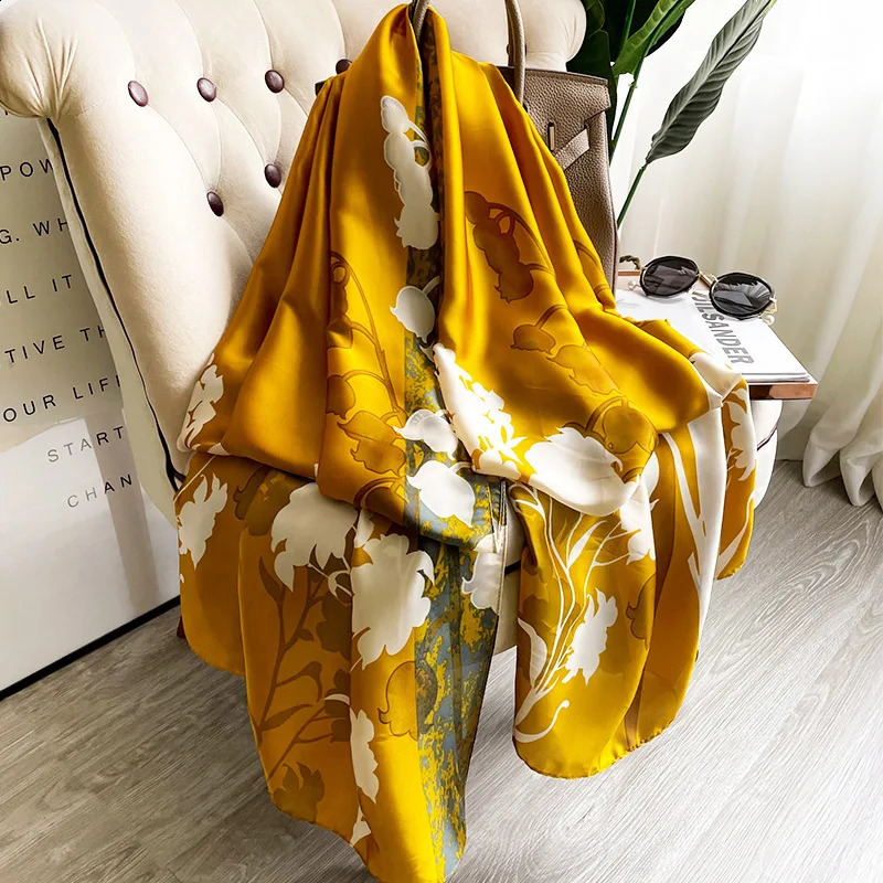 Elegant long headband with yellow floral silk scarf womens shawl wrapped in basic headscarf Bufanda womens beach stone scarf 240805