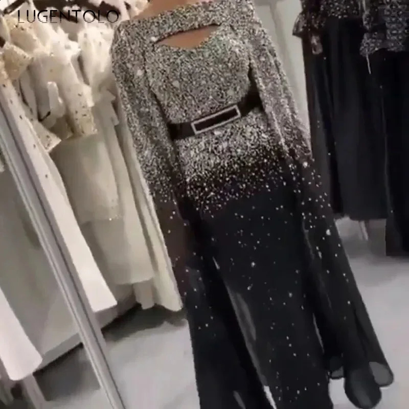 Party Dress Women Elegant Sequin Spring Autumn Embroidery Sexy Cloak Sleeve Ladies Dinner Big Swing Long Lugentolo 240819