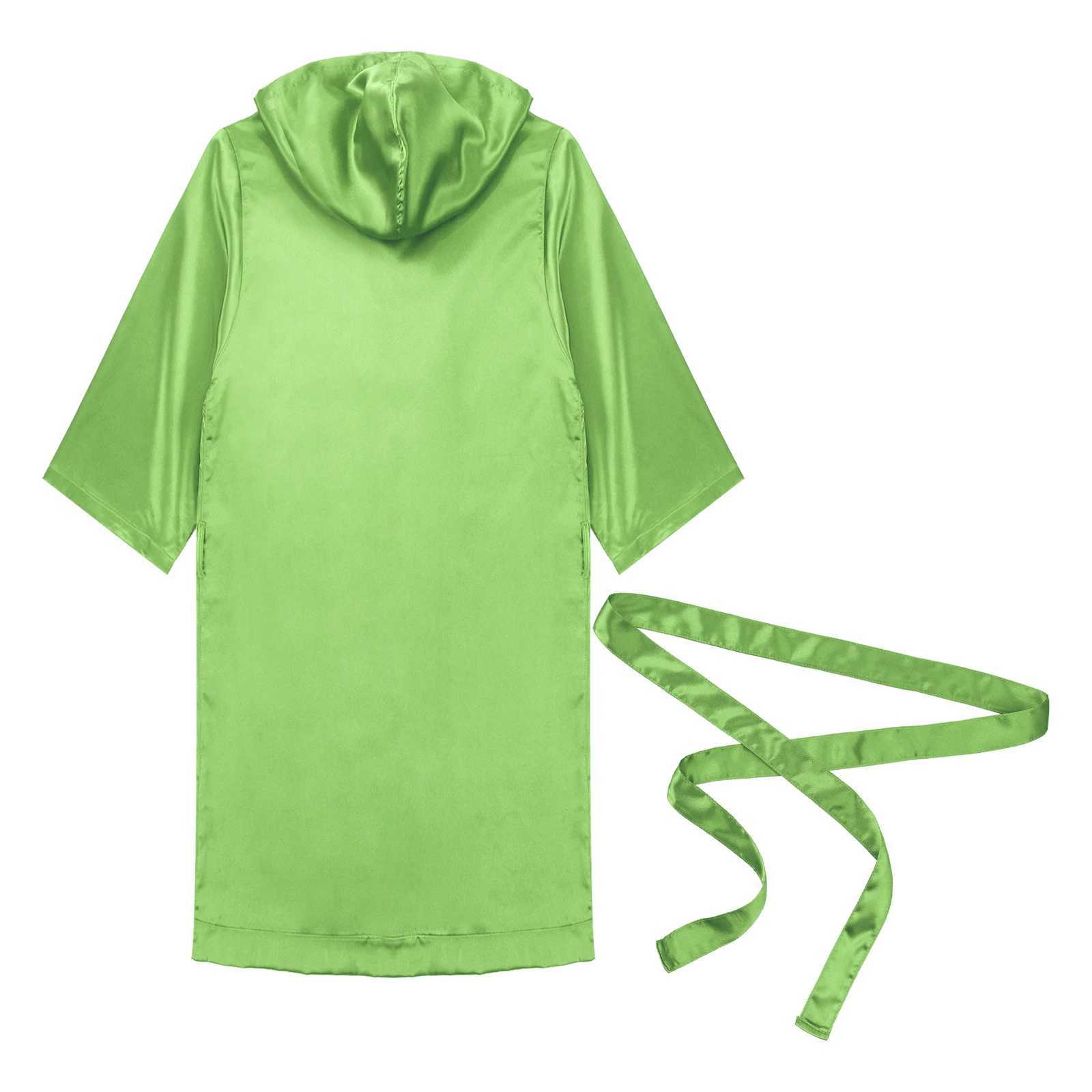 Mens satin hooded sleepwear open front sleepwear half sleeved waistband bathroom kimono long robe adult casual wear sleepwearW240719