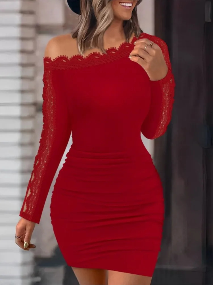 Sexy Off Shoulder Lace Slim Mini Dress Women Autumn Fashion Slash Neck Long Sleeve Dresses For Women Skinny Dress Vestidaos 240819