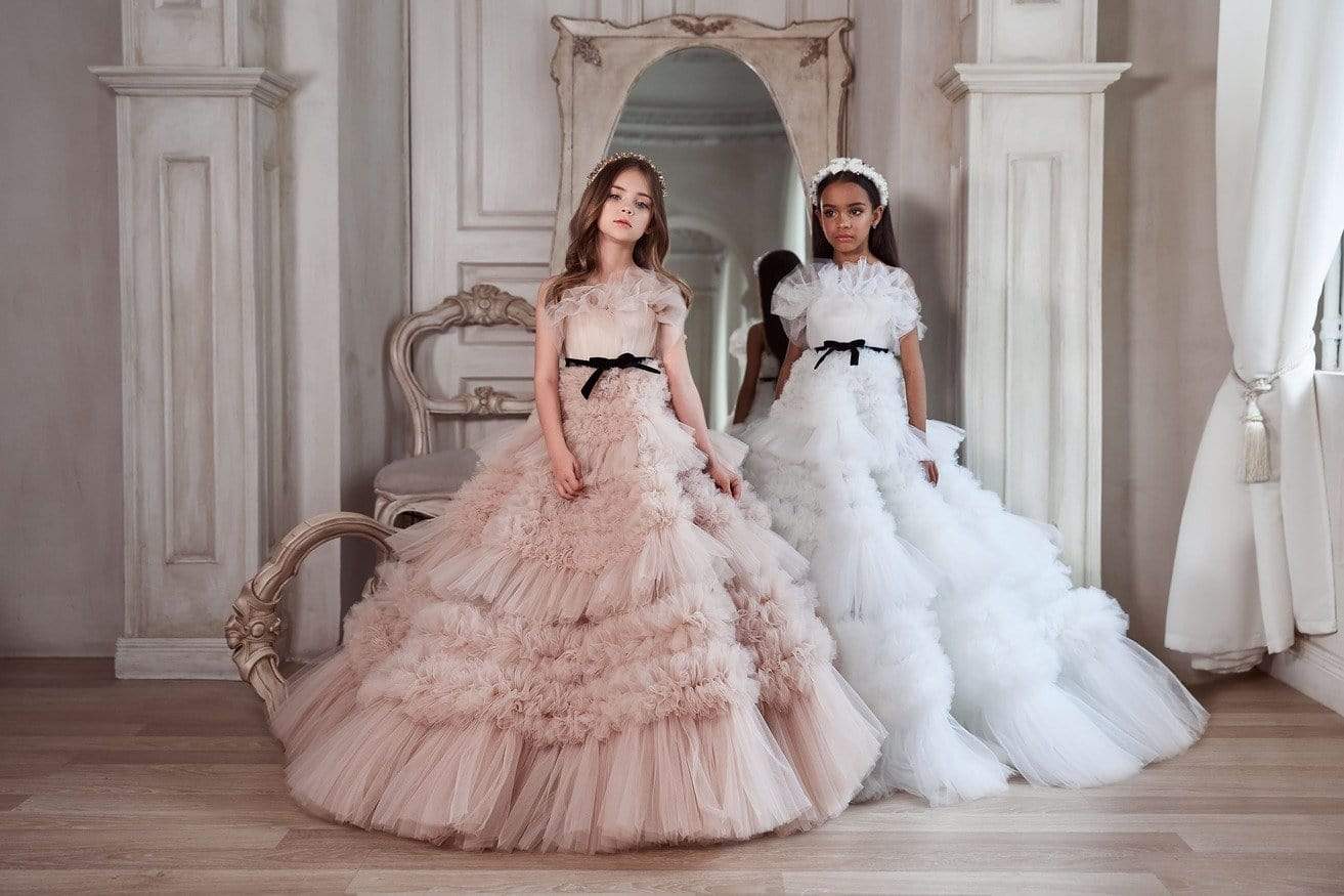 Pink Mini Quinceanera Dresses Ball Gown Strapless Tulle Ruffled Puffy Long Flower Girl Dresses For Weddings Mexican Charro Pageant Dresses Baby