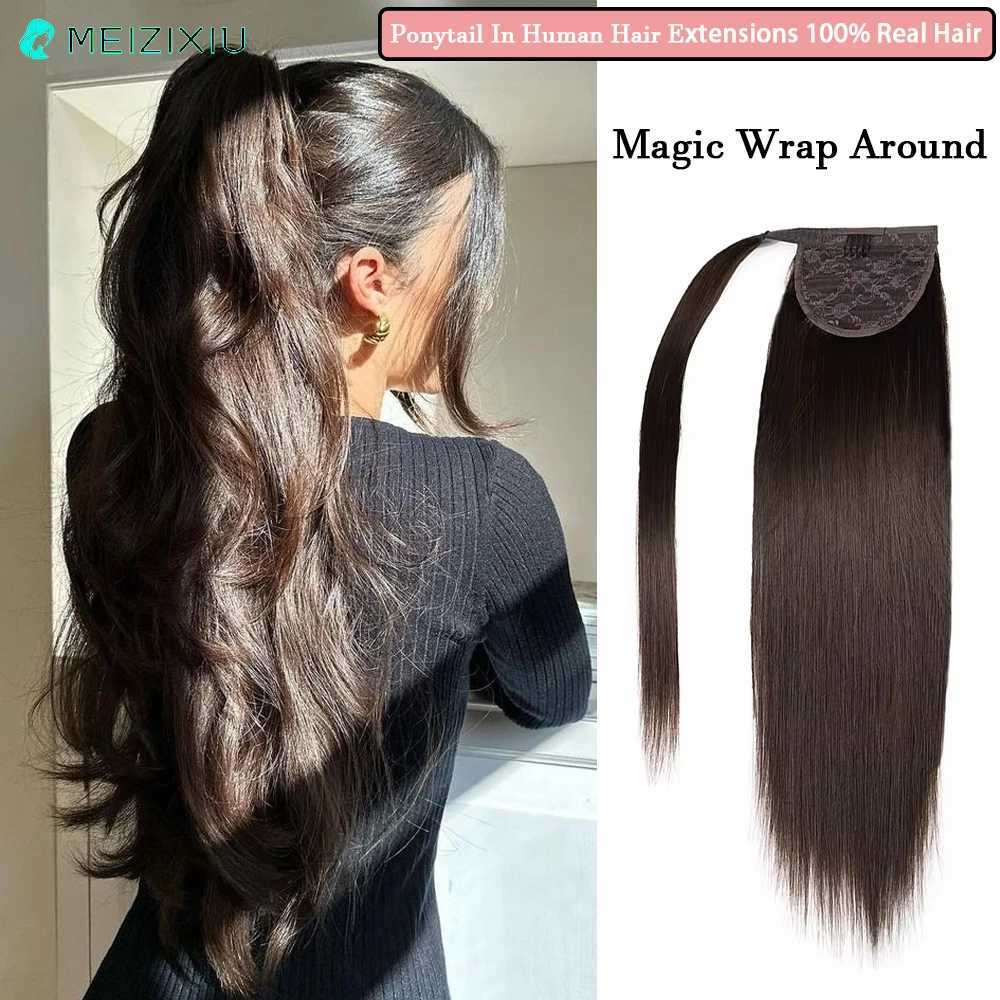 Ponytail extends around the magic wrap of hair adding hair. True ponytail extends from human hair to female 22 inches brown 2# 100g W240817