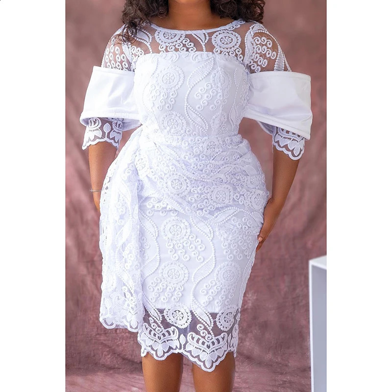 Plus Size Womens White Daily Round Neck Lace Mid-length Casual Fashion Dress