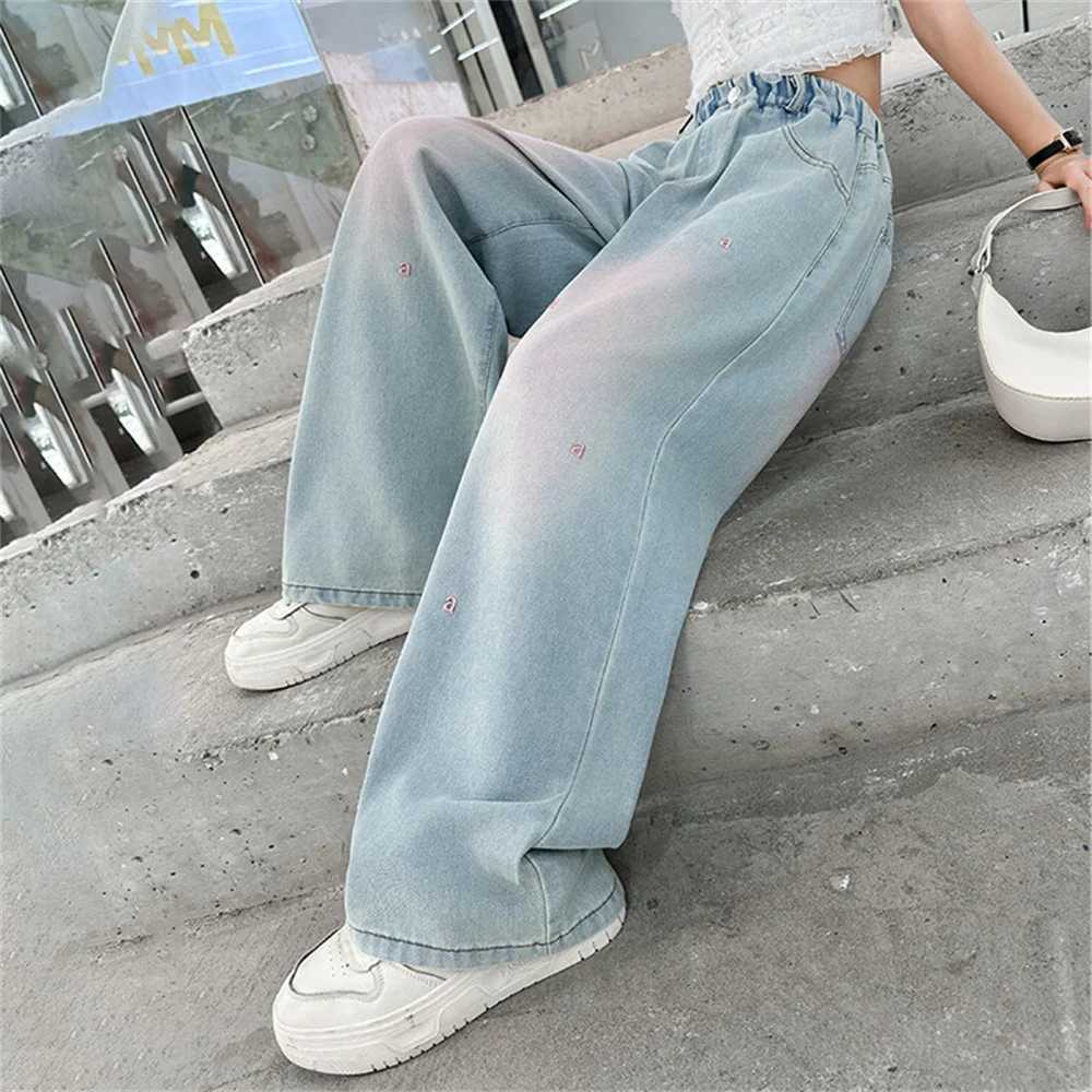 2484 Fashion Summer Ultra Thin Childrens Wide Leg Pants Embroidered Girls Jeans Childrens Jeans Denim Straight Leg PantsW240819