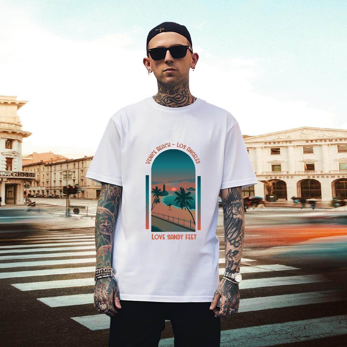 Loose Mens Tshirts Sports Casual 100% Cotton 230g Floral Print Breathable Short Sleeve sea Men T Shirts DIY Customized Wear
