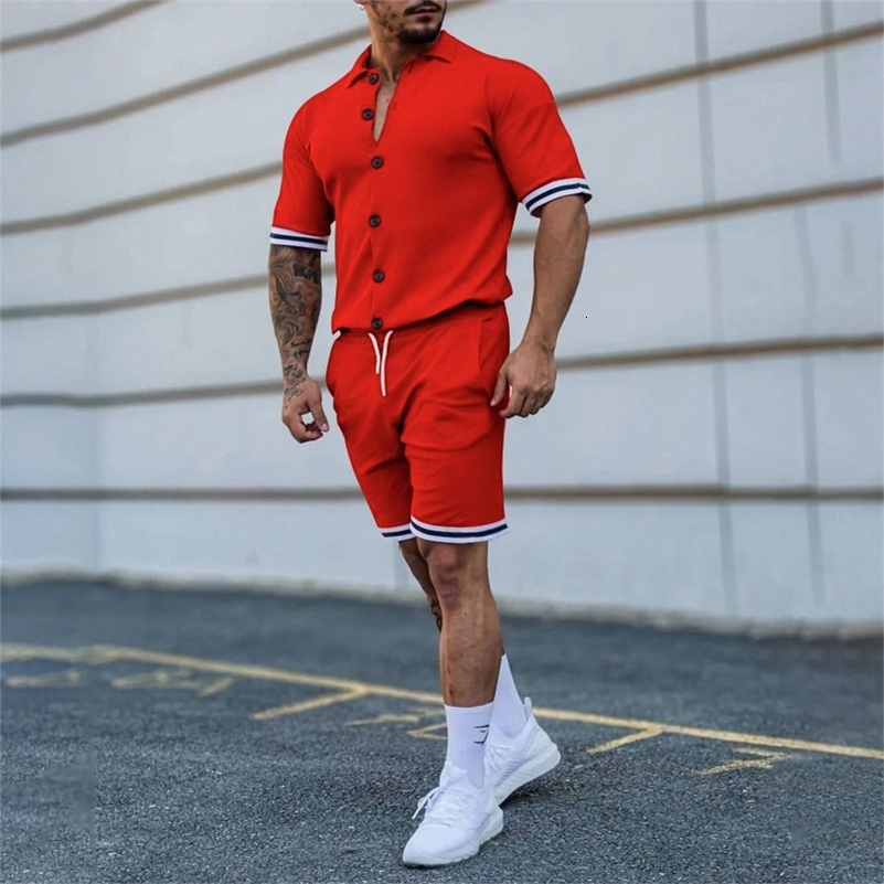2024 Mens Summer Polo Cardigan Solid Short Sleeve Shorts Two Piece Casual Set 240819