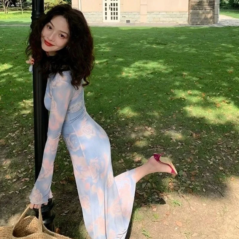 2pecs Long Sleeve Dresses Women Slim Ankle-length Vintage Rose Spring Autumn Basic Streetwear Sexy Graceful Female Hip Wrap 240819