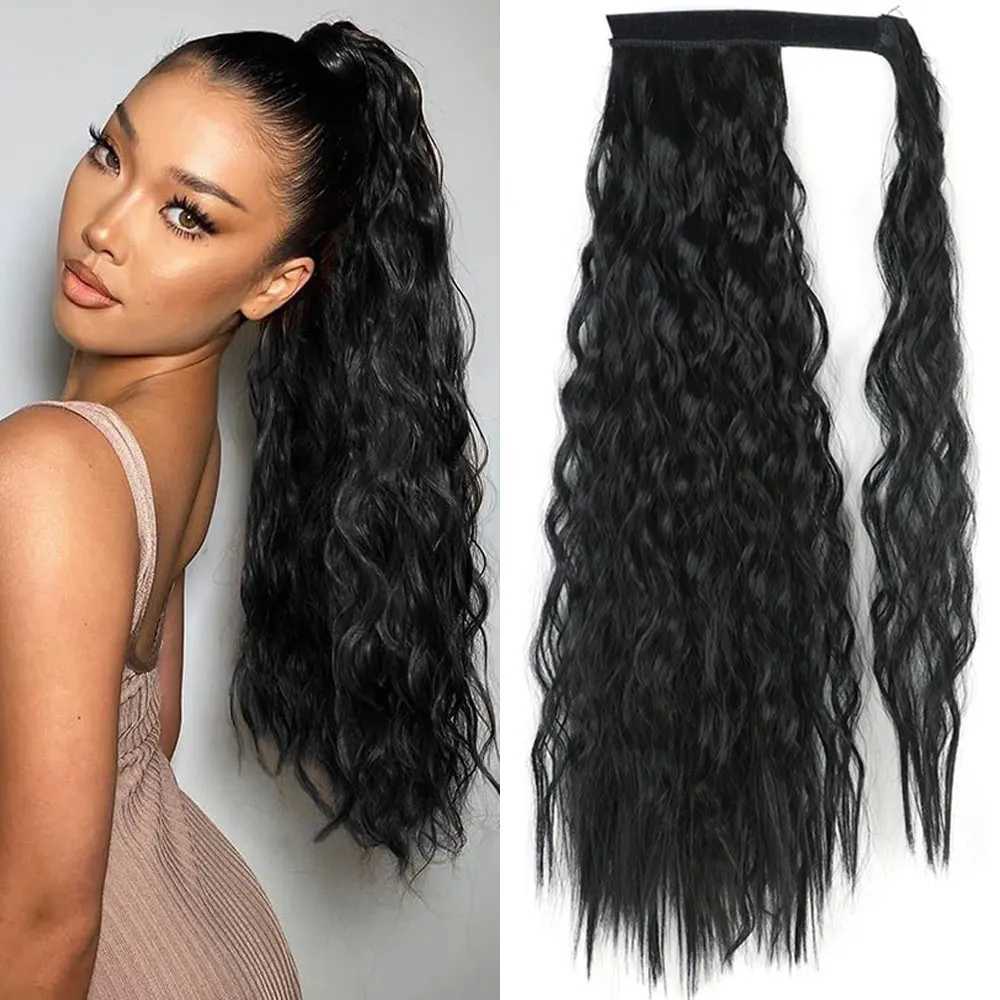 Merisihair curly ponytail extension clip around synthetic wrap ponytail wig long water wave ponytail womens fake W240817