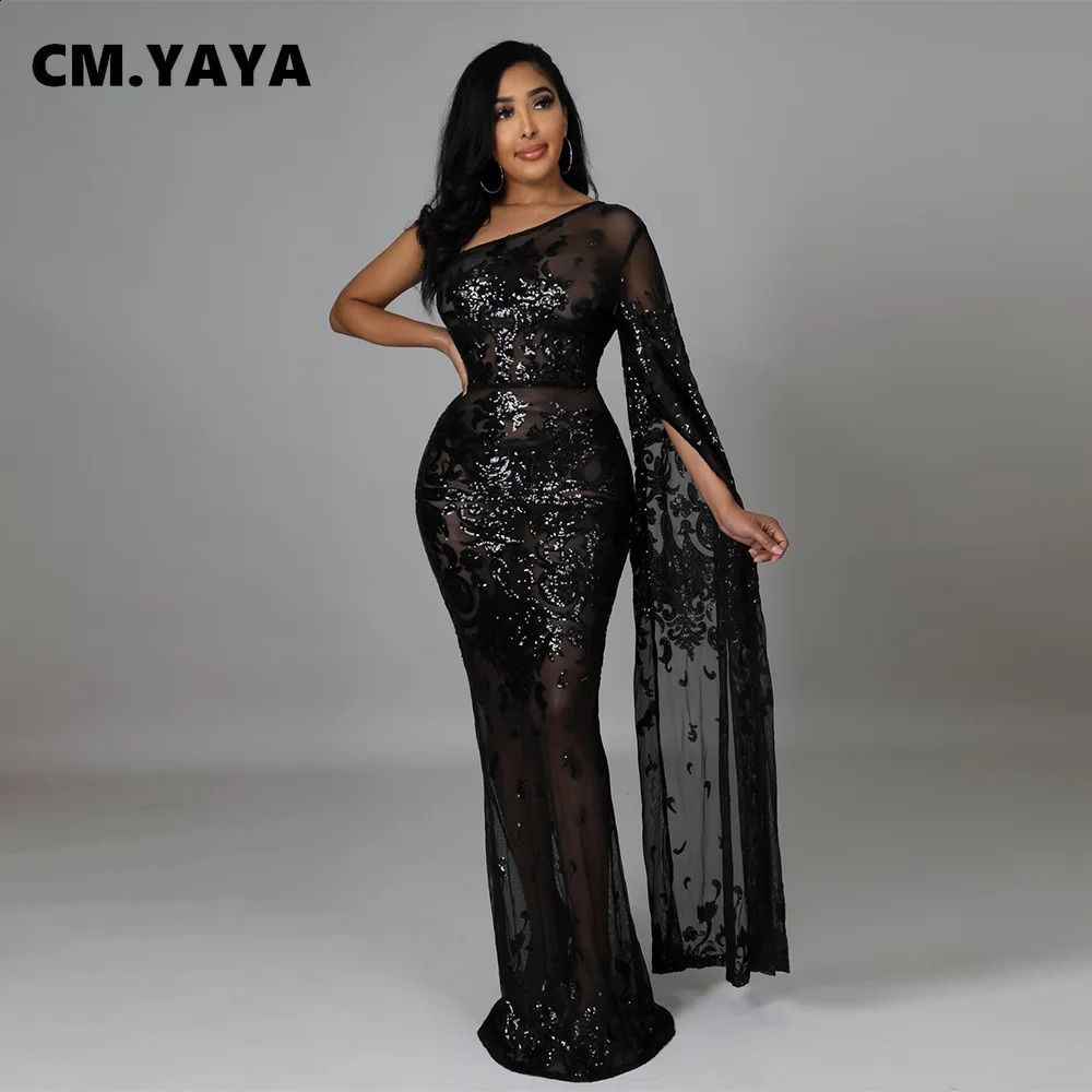 CM.YAYA Women Sequined Paisley Mesh See Though One Shoulder One Long Clock Sleeve Mermaid Maxi Dress Sexy Night Party Long Dress 240819