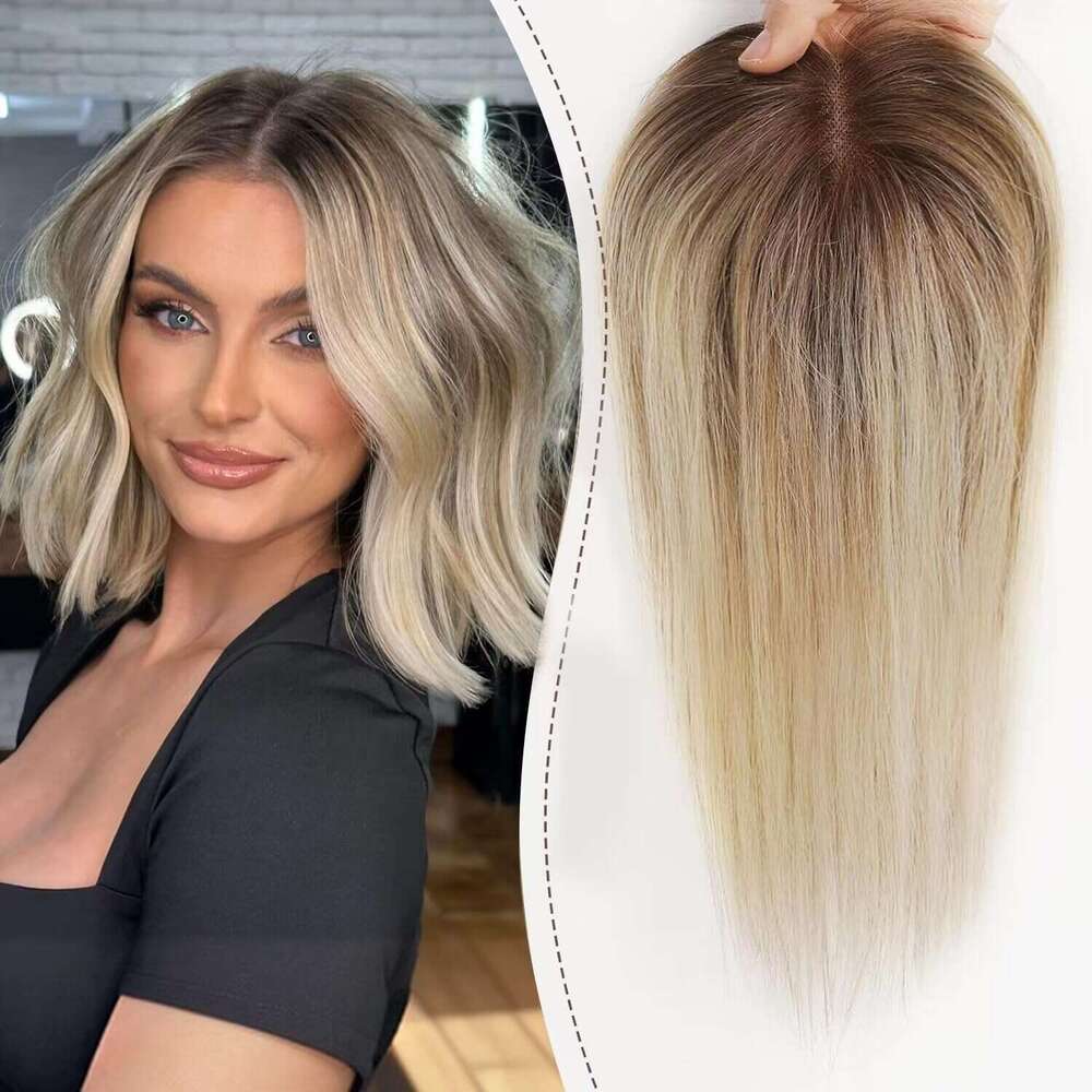 Blonde Brown Ombre 100% Remy Human Hair Topper Hairpieces For Women 150% Density Silk Base 3Clip In Toppers 12Inch