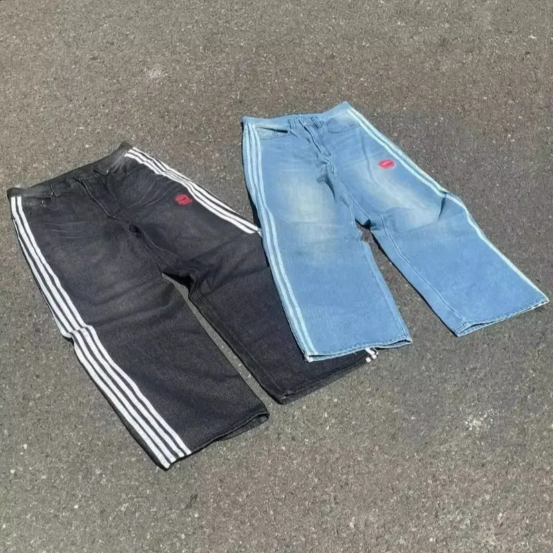 Y2K Harajuku Rare Person Bag Jeans Retro Side Line Embryo Pattern Super Cool Street Gothic Nine Quarter Leg Pants 240819