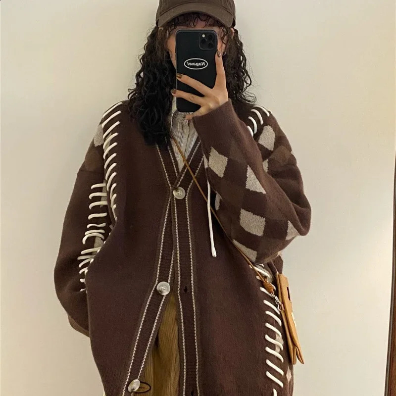 Men Casual Sweater Set Vintage Checkerboard CardiganStriped Long Sleeved ShirtTrendy Wide Leg Pants 3-piece Street Couple Suit 240819