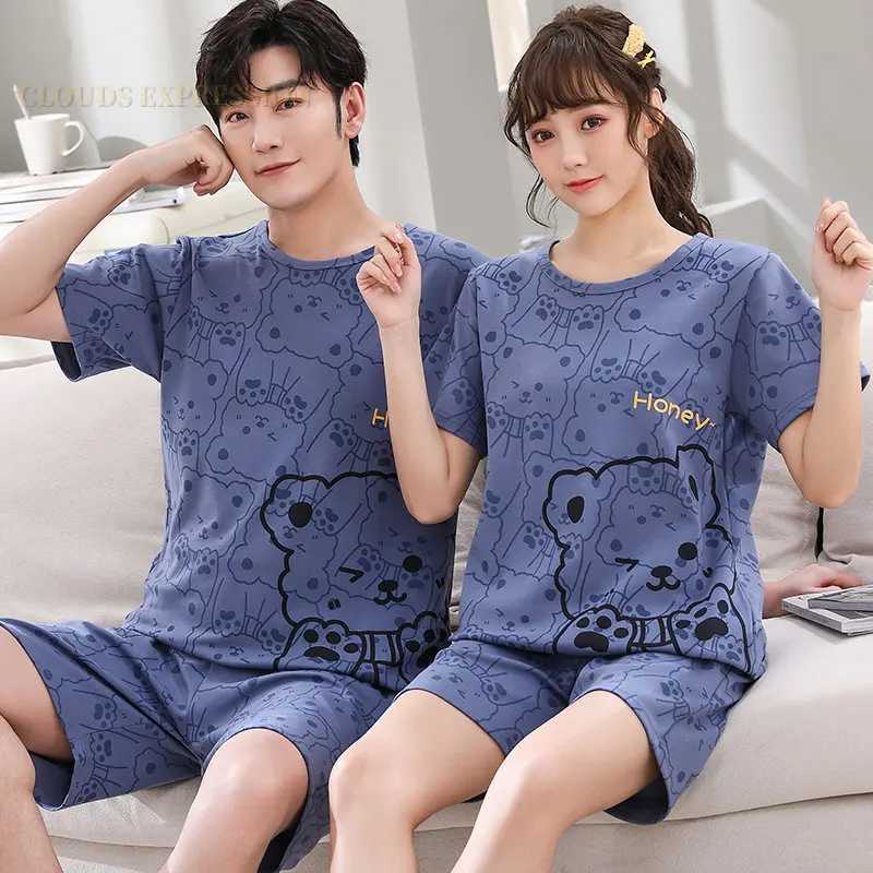 Summer new knitted cotton couple cartoon mens pajamas red pajamas set casual mens pajamas 3XL pajamasW240719