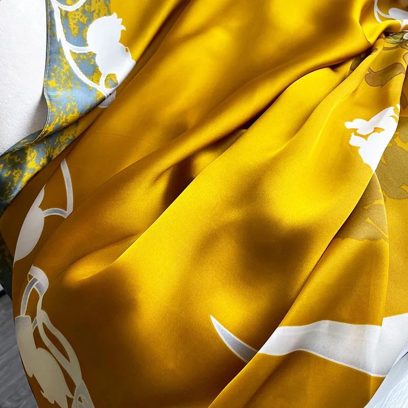 Elegant long headband with yellow floral silk scarf womens shawl wrapped in basic headscarf Bufanda womens beach stone scarf 240805