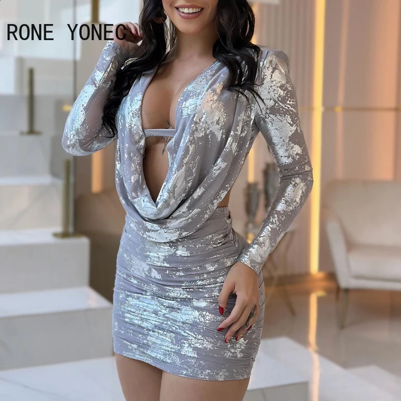 Women Sequins Ink Pattern Deep V Neck Swing Collar Long Sleeves Midriff Mini Sexy Party Dresses 240819