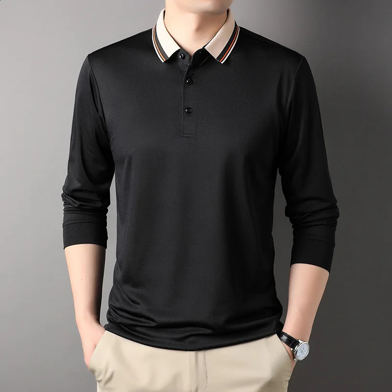 Spring Summer Men Shirts Polo Casual Button Striped Solid Long Sleeve Fashion Turn-down Collar Tee Comfortable Tops 240820