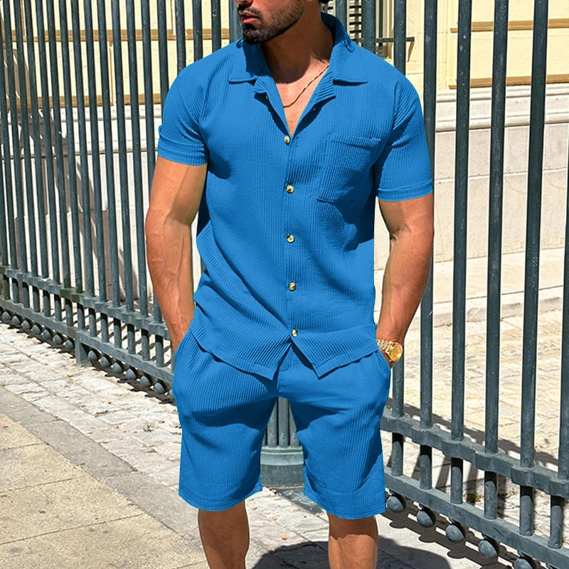 Summer Men Button Cardigan Shorts Suit Casual Sports Lapel T-Shirt Short Sleeve Solid Beach Mens 2 Pieces Set 240819