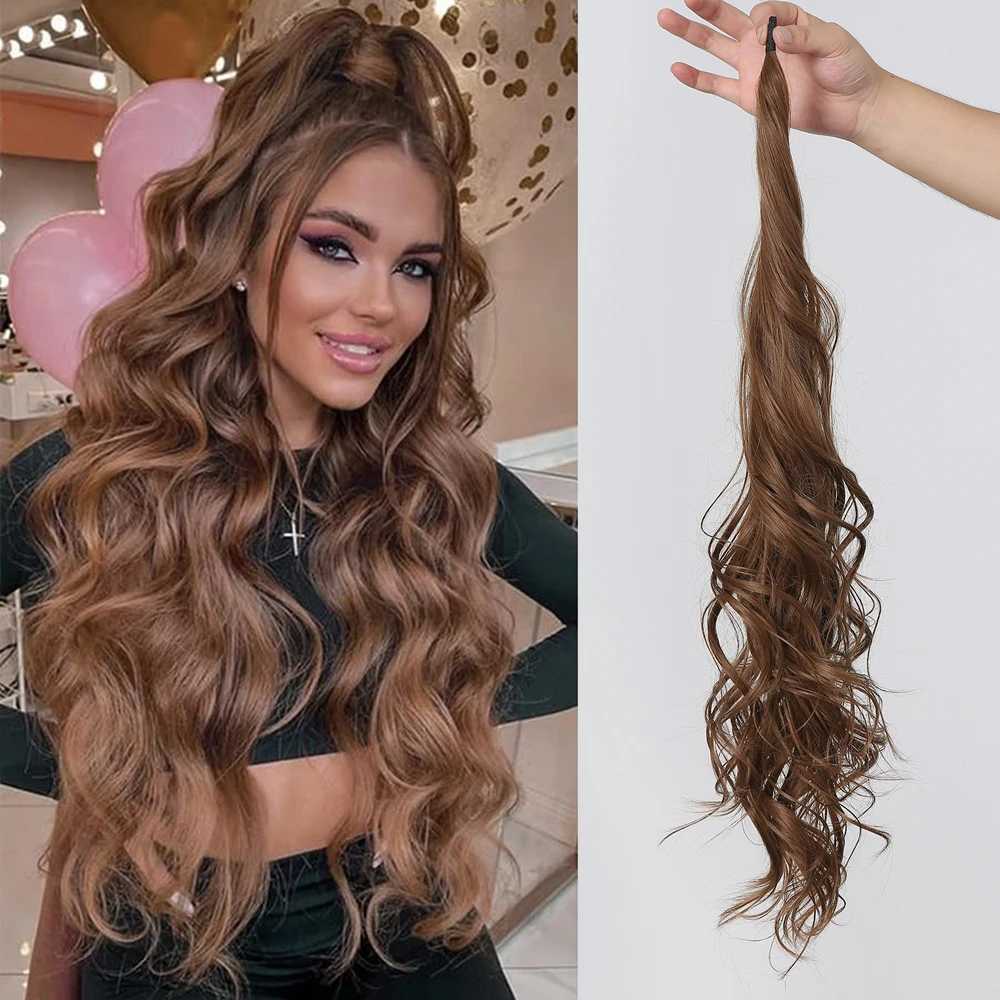 Brown flexible synthetic ponytail wraps around hair extends long waves fake tail braid for womens parties daily tail braid wig heat-resistant W240817