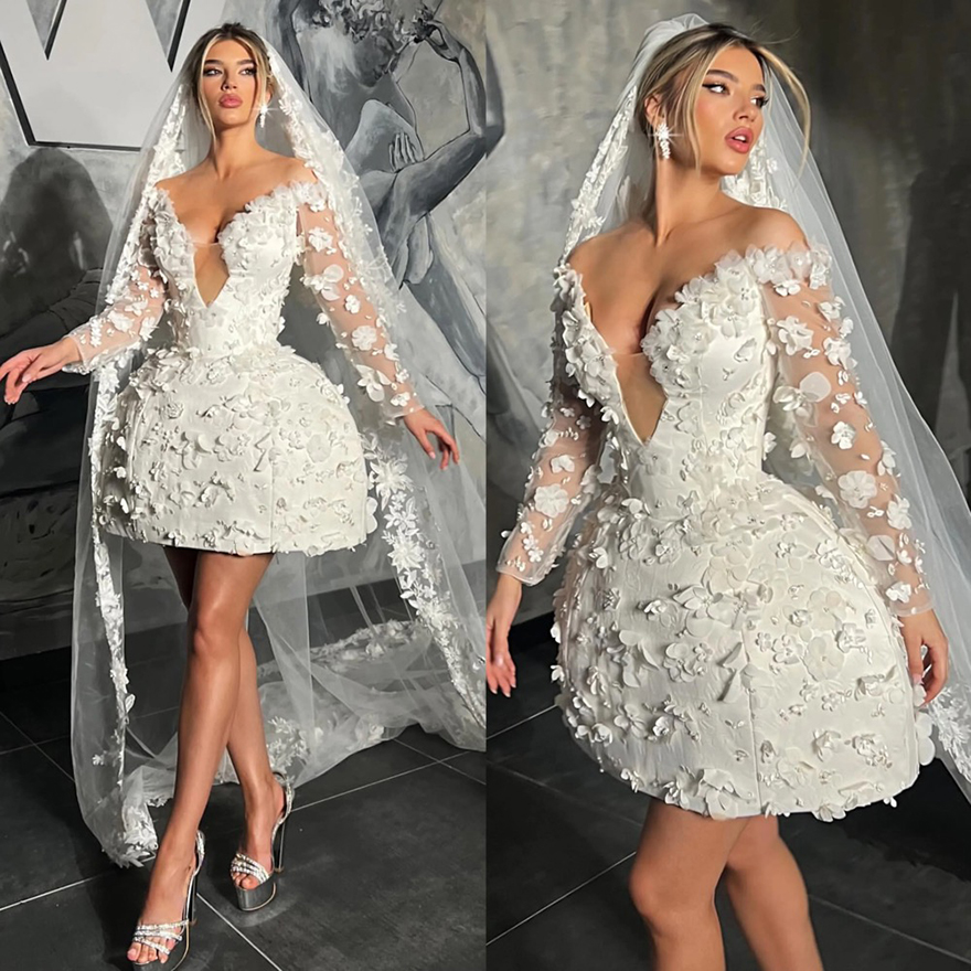 Stunning Short Dresses appliqued off shoulder long sleeves fulllace mini Wedding Dress a e lacefull designer bridal gowns