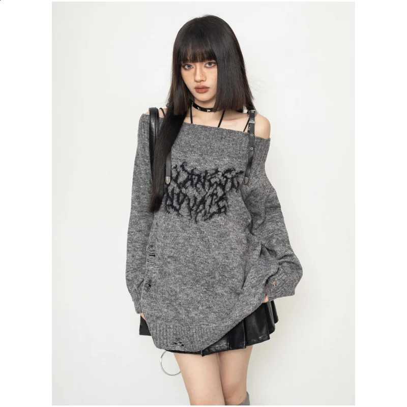 Womens Clothing Black Knitting Sweater Off Shoulder Long Sleeves Vintage Casual Korean Fashion Baggy Ladies Spring Grey Tops 240819
