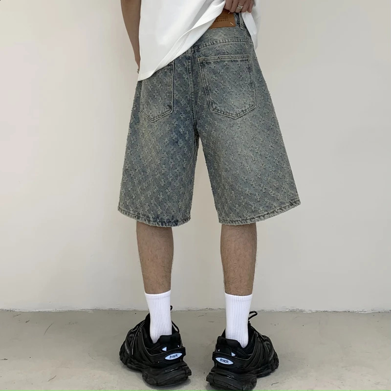 Summer black jacquard mens shorts tear hole knee length denim casual wide leg pants 240819