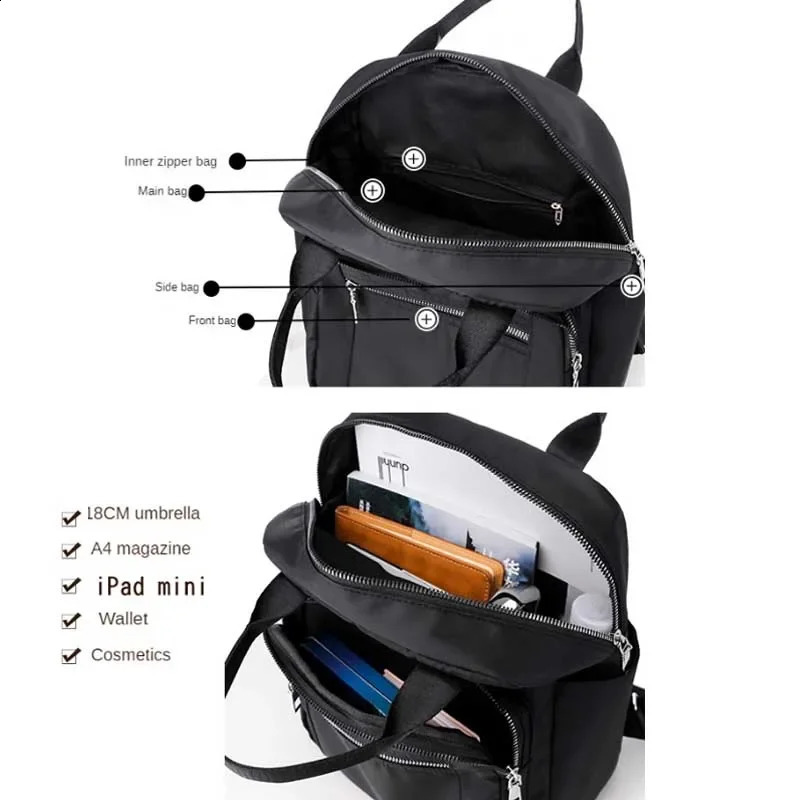 Womens backpack travel casual waterproof Oxford shoulder bag womens large capacity handbag Rucksack black wallet school 240820