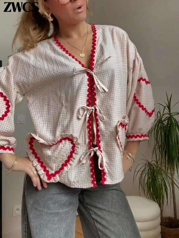 Flat weave bow lace heartshaped pocket womens pink long puff sleeves Vneck casual shirt spring loose top 240819