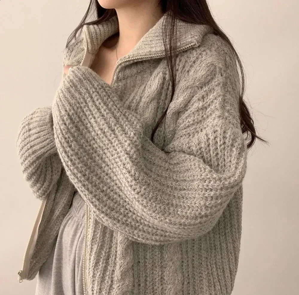 Black thick short sleeved knitted cardigan womens turtle neck autumn and winter Korean style long loose sweater jacket in 6 colors 240819