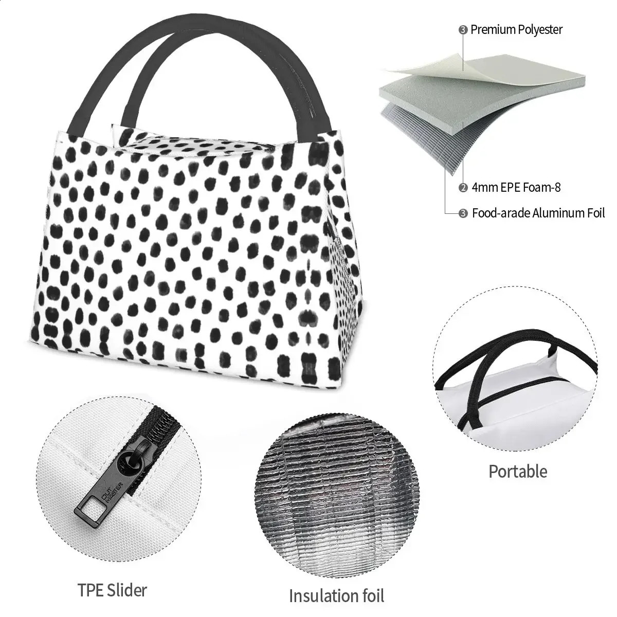Bohemian Print Lunch Bag Black Dot Portable Lunch Box School Cooler Bag Casual Oxford Thermal Lunch Bags 240819