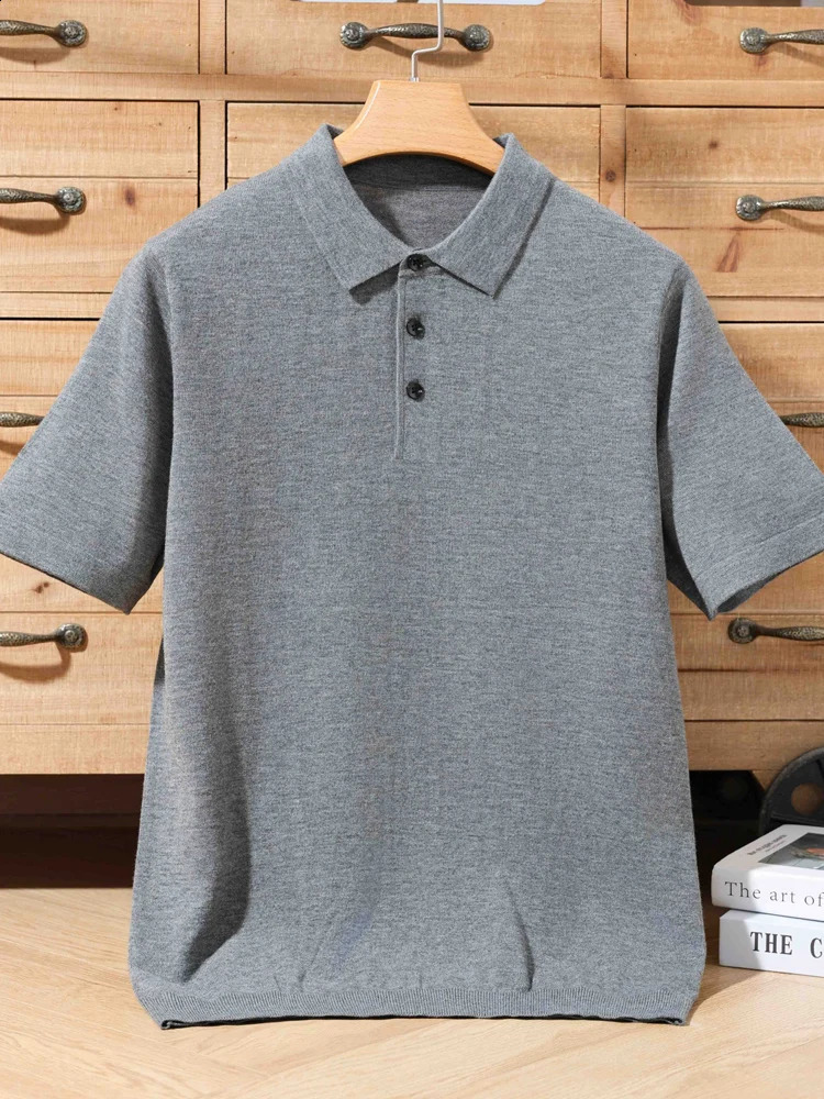 Spring Summer Mens Polo T-shirt Thin Soft Smart Casual Short Sleeve Pullover Sweater 30% Merino Wool Knitwear Korean Fashion 240820
