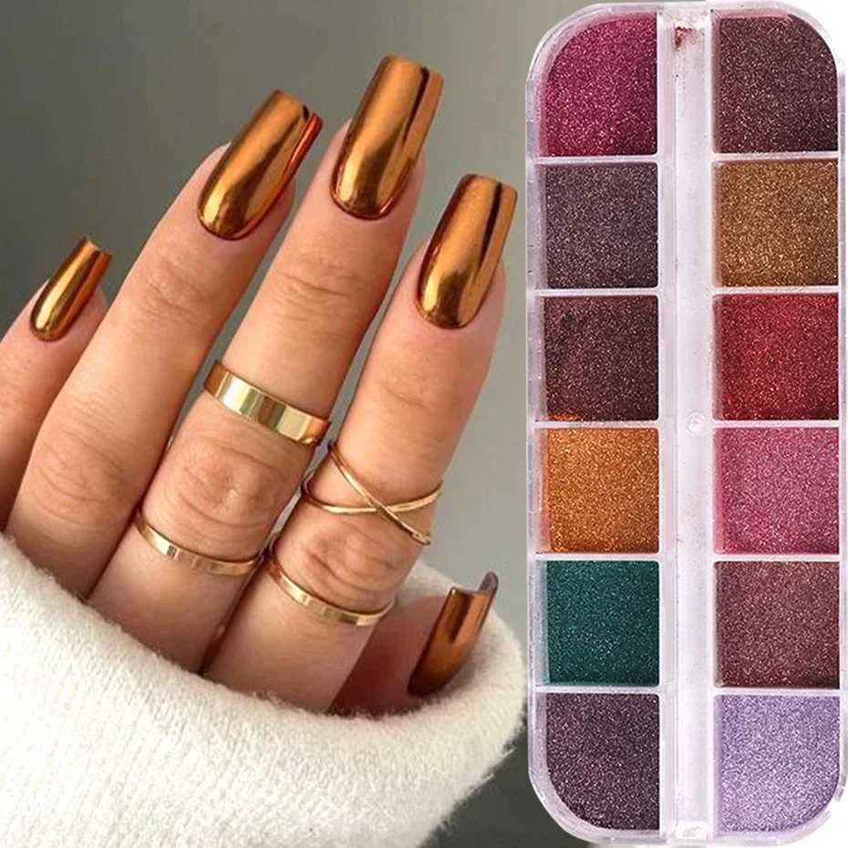 12 Grids Colorful Metallic Nail Mirror Powder Glitter Winter Brown UV Gel Polish Chrome Dust Metallic Effect Pigment DecorationsXJ240815
