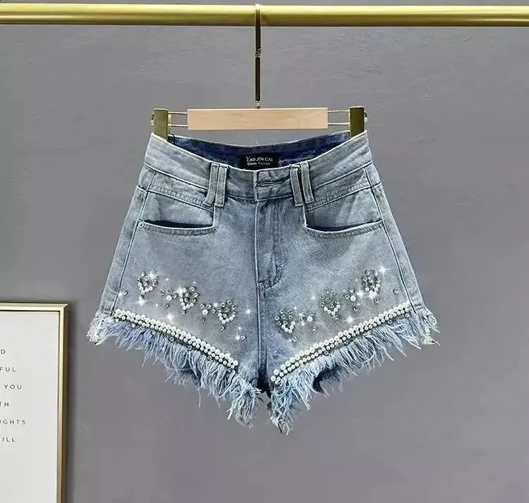 Fashion Diamond Hole Denim Shorts Summer 2024 Womens Sexy High Waist Jeans Booty Shorts 240820