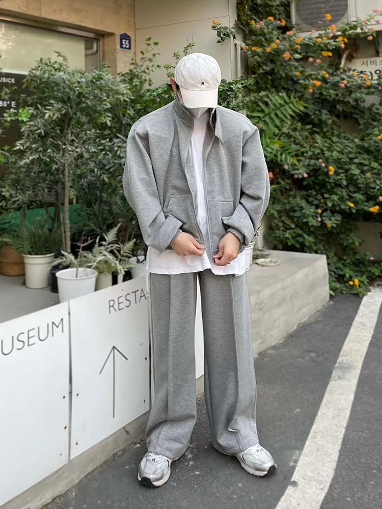 Spring Autumn Set Korean Stand-up Collar Loose Cardigan Jacket Straight-leg Wide-leg Casual Sweatpant Outdoor Unisex Sports Suit 240819