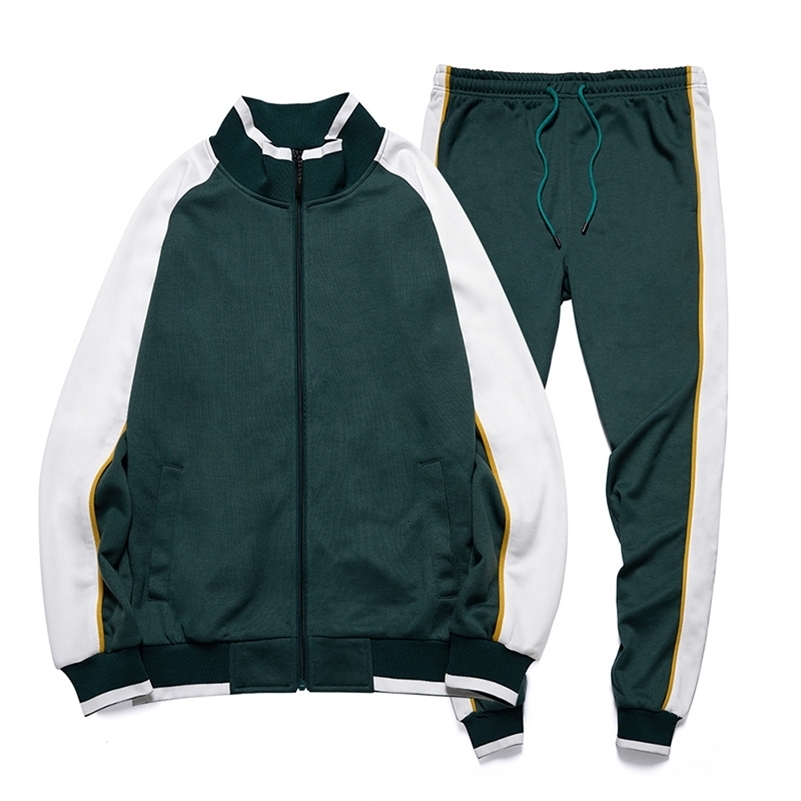 Spring Autumn Male Loose Casual Spliced Zipper Sweatshirt Elastic Waist Sweatpants Two Pieces Set Men Cardigan Top Fashion Pants 240819