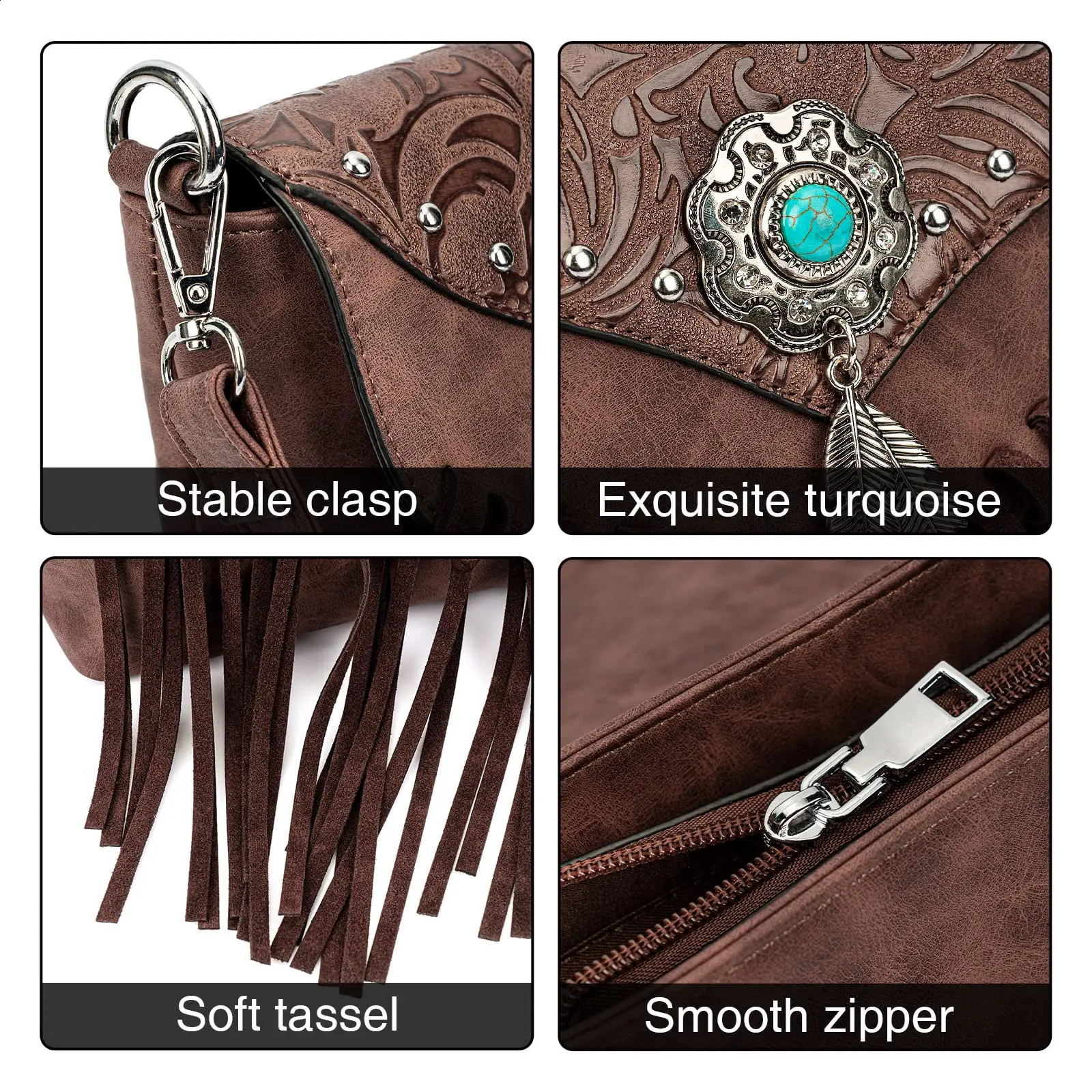 Celela Womens Shoulder Retro Messenger Rivet Tassel er Bag Ethnic Clutch Western Handbag 240918