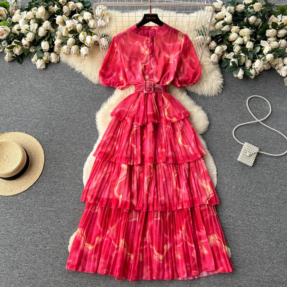 Vintage Pleated High Waist Dress Fairy A-line Puff Sleeve Dress Chic Summer Beach Vestidos Women Vacation Sundress