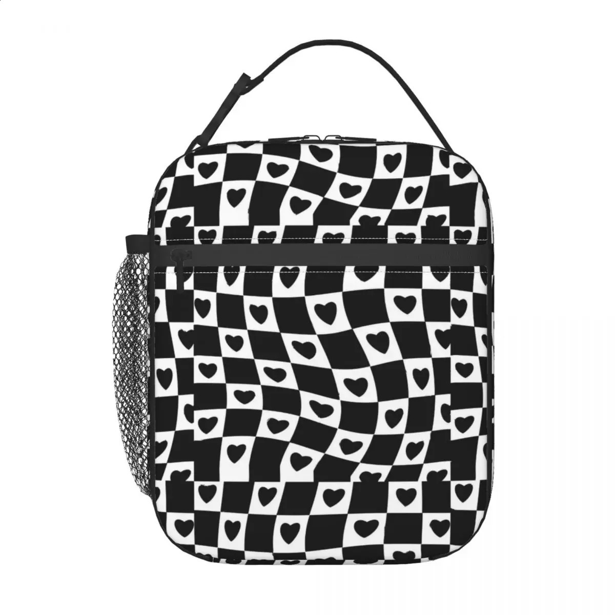 Lunch Bag Hearts Check Print Portable Lunch Box Black And White School Cooler Bag Retro Oxford Thermal Lunch Bags 240819