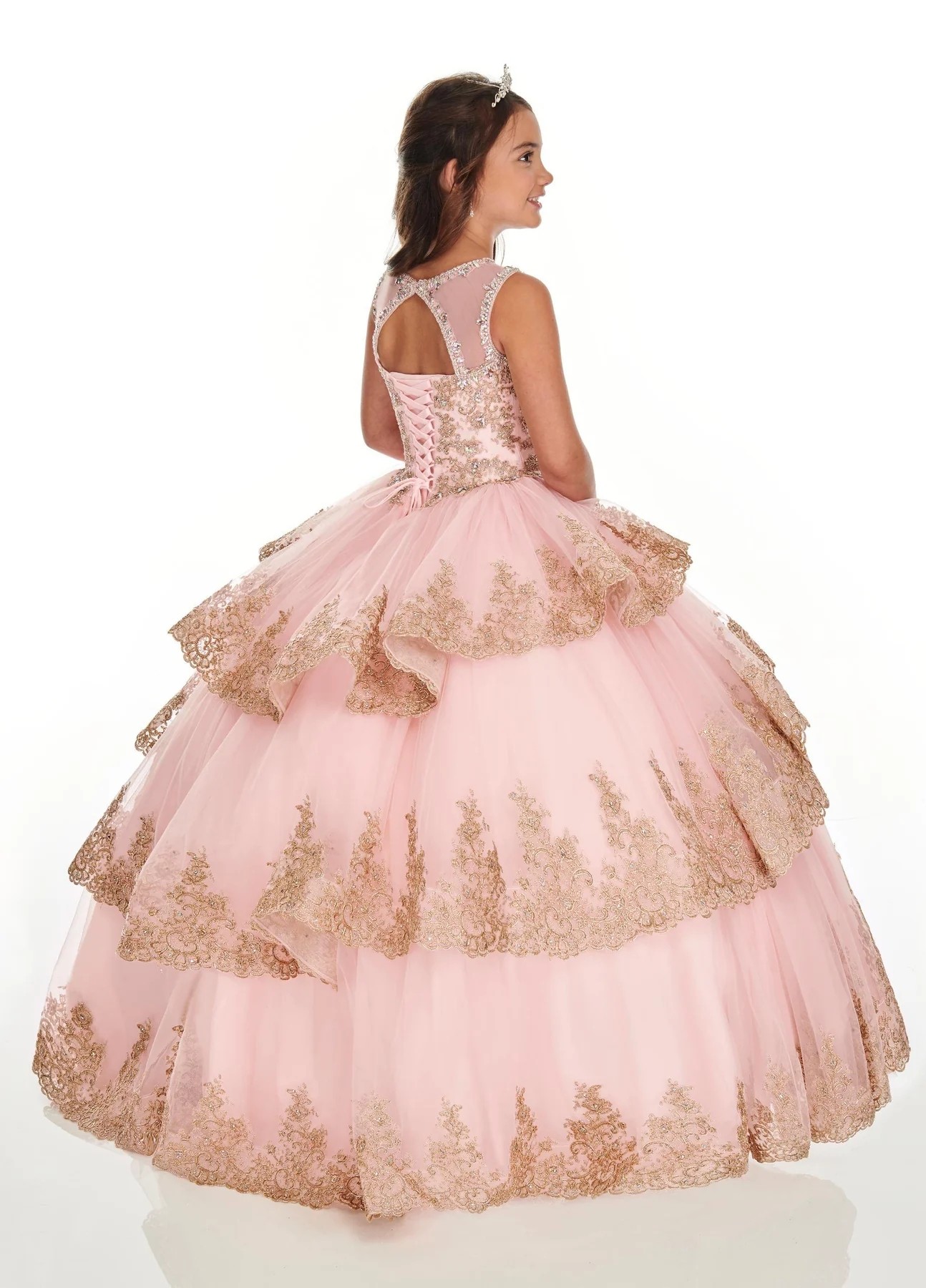 Pink Mini Quinceanera Dresses Ball Gown Sheer Tulle Appliques Beaded Long Flower Girl Dresses For Weddings Mexican Charro Pageant Dresses Baby