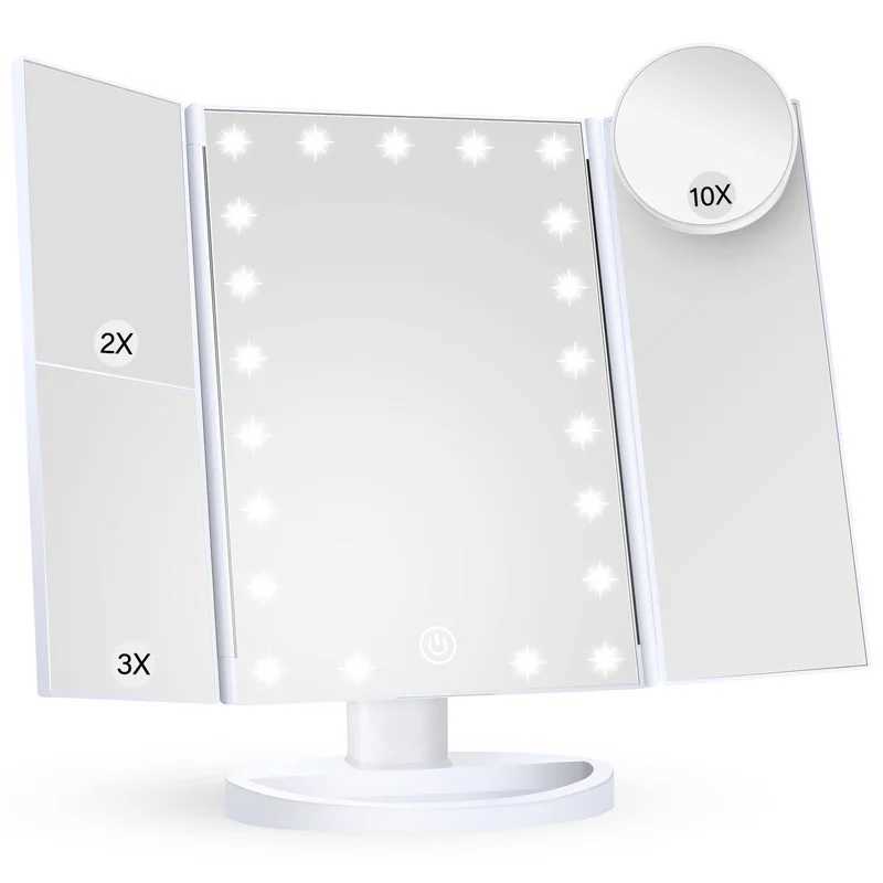 Amplifying triple stack makeup mirror three color intelligent touch light standing desk Led makeup mirror Y240819