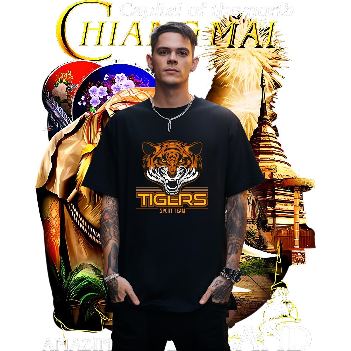 Comfortable Mens T Shirts tiger Breathable Soft Street Casual Oversized 4XL 230g Pure Cotton Men Tees 2024 Summer Tops