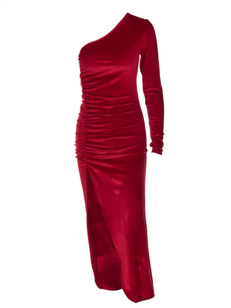 Women Elegant Long Sleeve Party Evening Velvet Bodycon Split Pencil Midi Dress Spring Autumn Clothes 240819