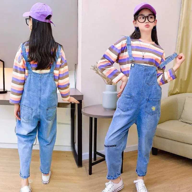 Embroidered denim jeans jumpsuit girls childrens long pants girls game set one-piece for ages 4 5 6 7 8 9 10 11 and 12 W240806