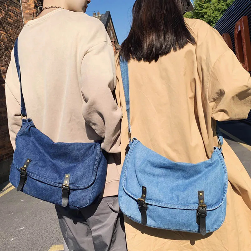 Denim Unisex Jean Campus Big Capacit Foldable Cover Crossbody Messenger Bag Handbags Letter Shoulder Shopper Laptop Female Purse 240819