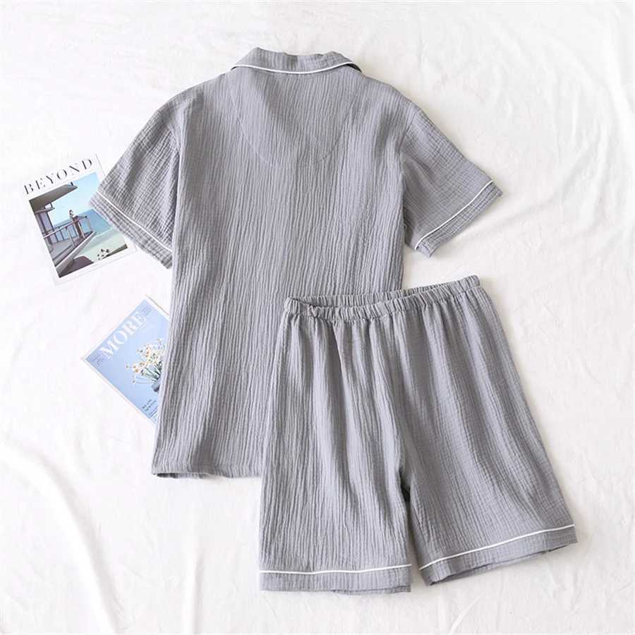 2024 New Summer Mens Pajama Set Cotton Crepe Gauze Solid Color Simple Short Sleeve Shirt Pajama Mens Casual WearW240719