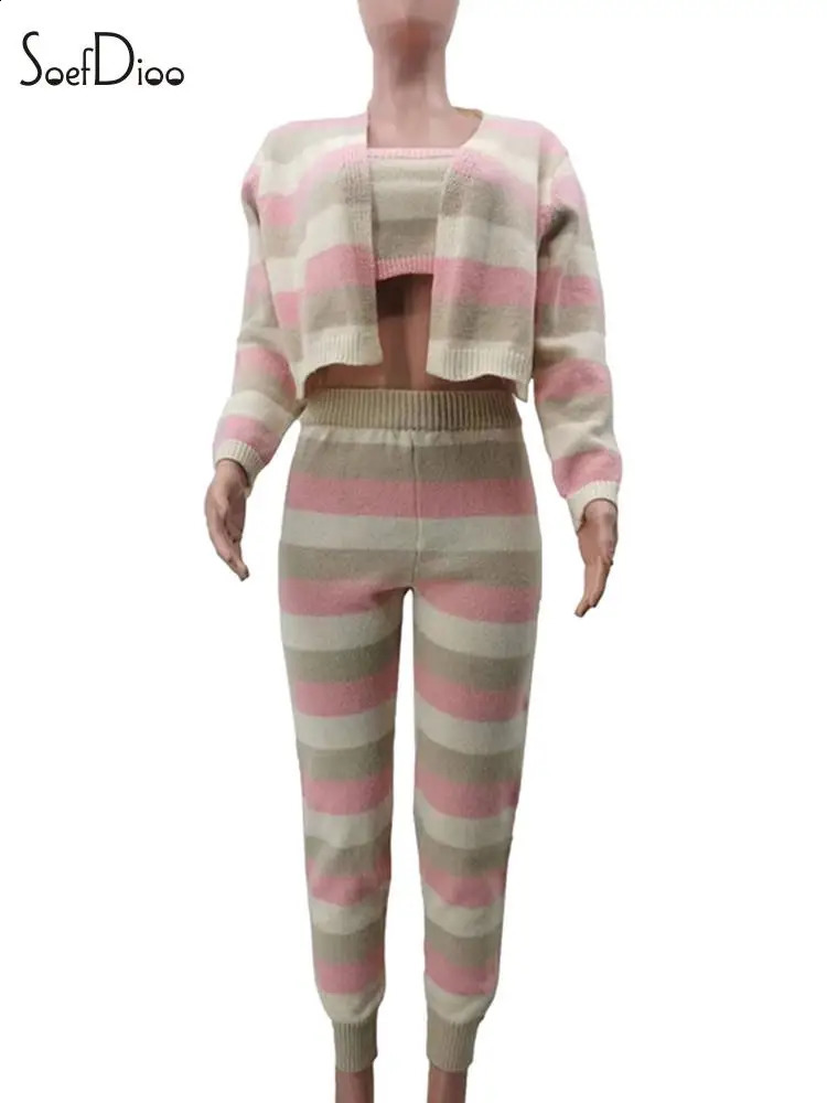 Soefdioo Fashion Knitted Striped 3 Piece Set Women Long Sleeve Short Cardigan TanksPant Matched Casual Outfits Tracksuits 240819