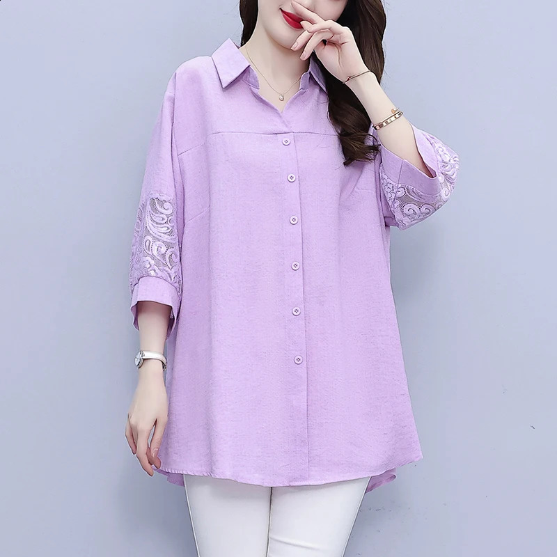 Wxw2824 Pink Blue Office Shirt Womens Half Sleeve Splicing Lace Hollow Joint Top and Collar 240814