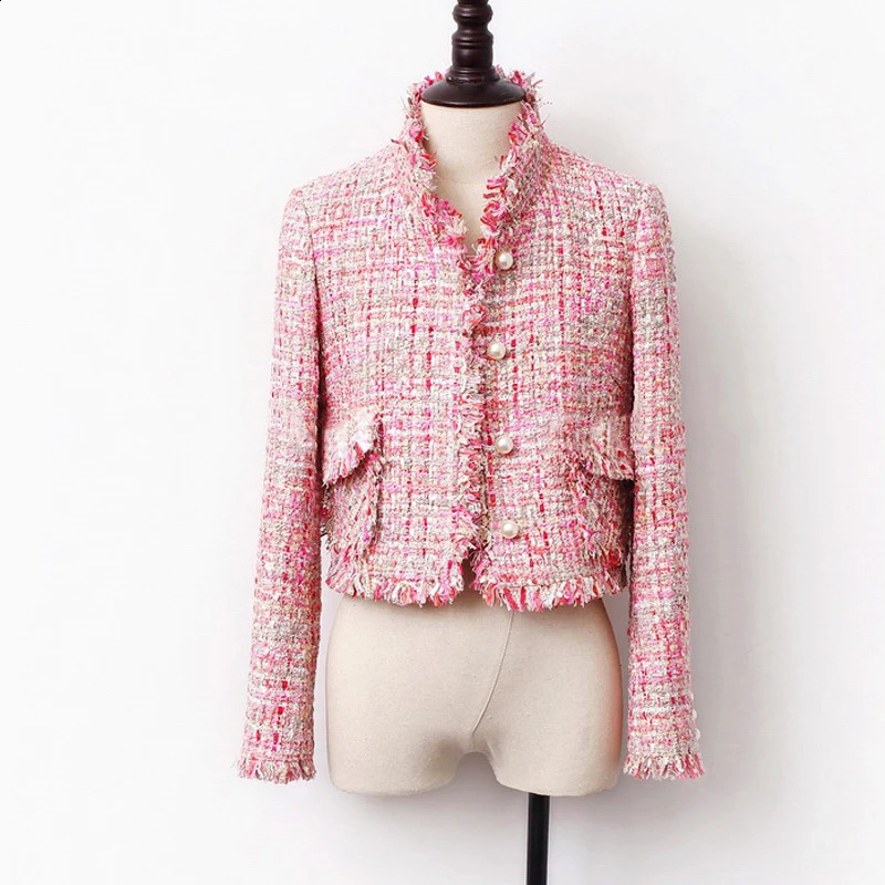 Pink tweed jacket for springautumnwinter womens classic wild wide silk woven 240819
