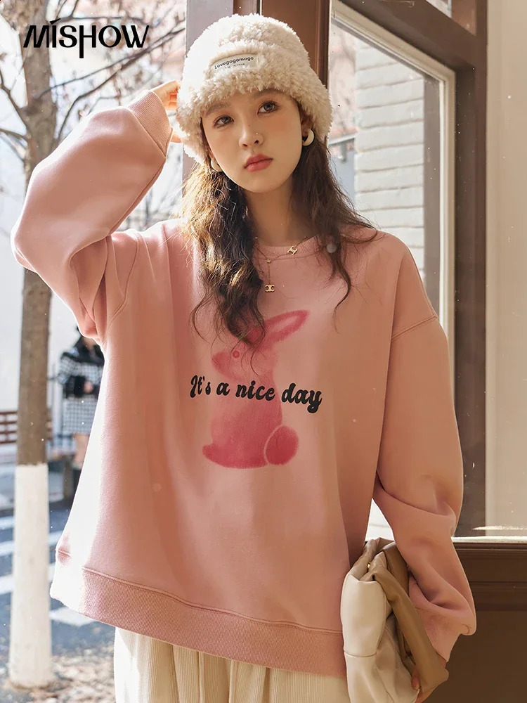 MISHOW Pink Rabbit Printed Womens Oversized Sports Shirt Autumn Winter Fashion Casual Loose ONeck Thick Top MXC53V0072 240819