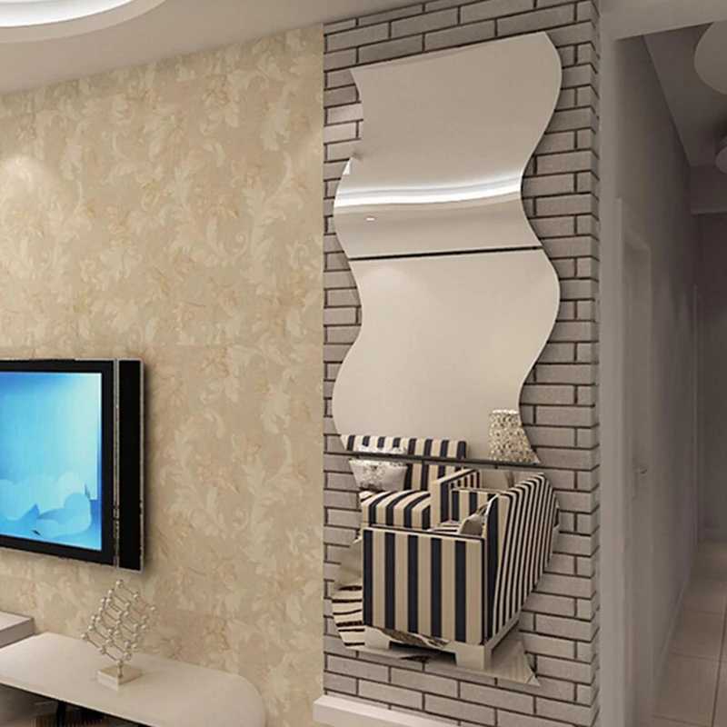 6/12Pcs 12X10cm Waves Shape Self-adhesive Tile 3D Mirror Stickers Cosmetic Mirror Wall Sticker Home Wall Bedroom Make Up Mirrors Y240819
